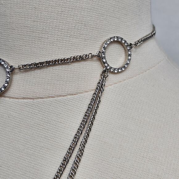 Choker Necklace Multi Chain Draped Silvertone Clear Rhinestones Whimsygoth - Picture 6 of 7